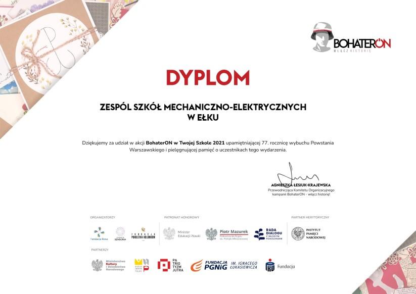 dyplom dla Zespołu Szkół Mechaniczno-Elektrycznych w Ełku za udział w akcji BohaterOn w Twojej Szkole 2021