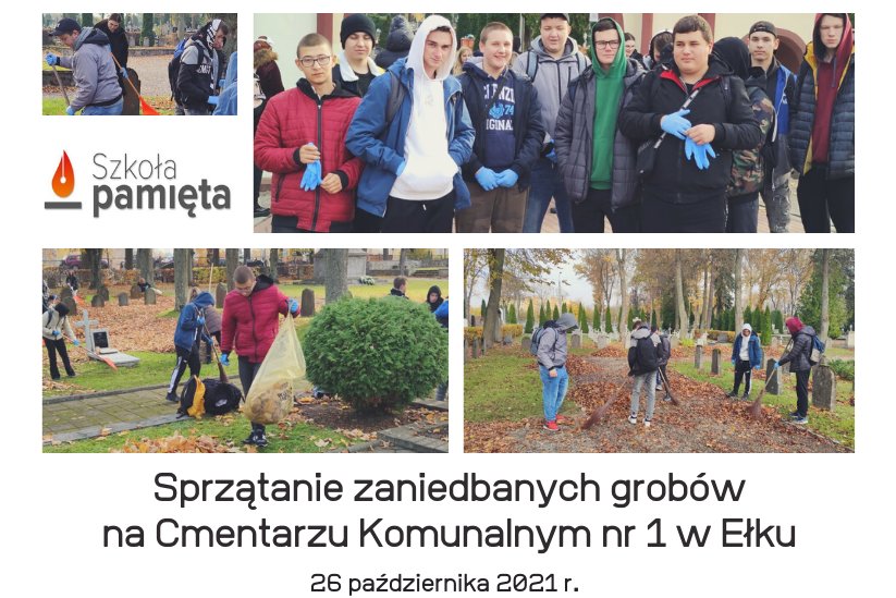 Uczniowie ZSM-E w Ełku podczas sprzątania zaniedbanych grobów na Cmentarzu Komunalnym nr 1 w Ełku