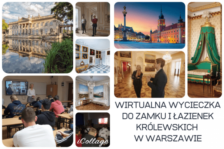 Kolaż zdjęć Zamku Królewskiego oraz Łazienek Królewskich w Warszawie