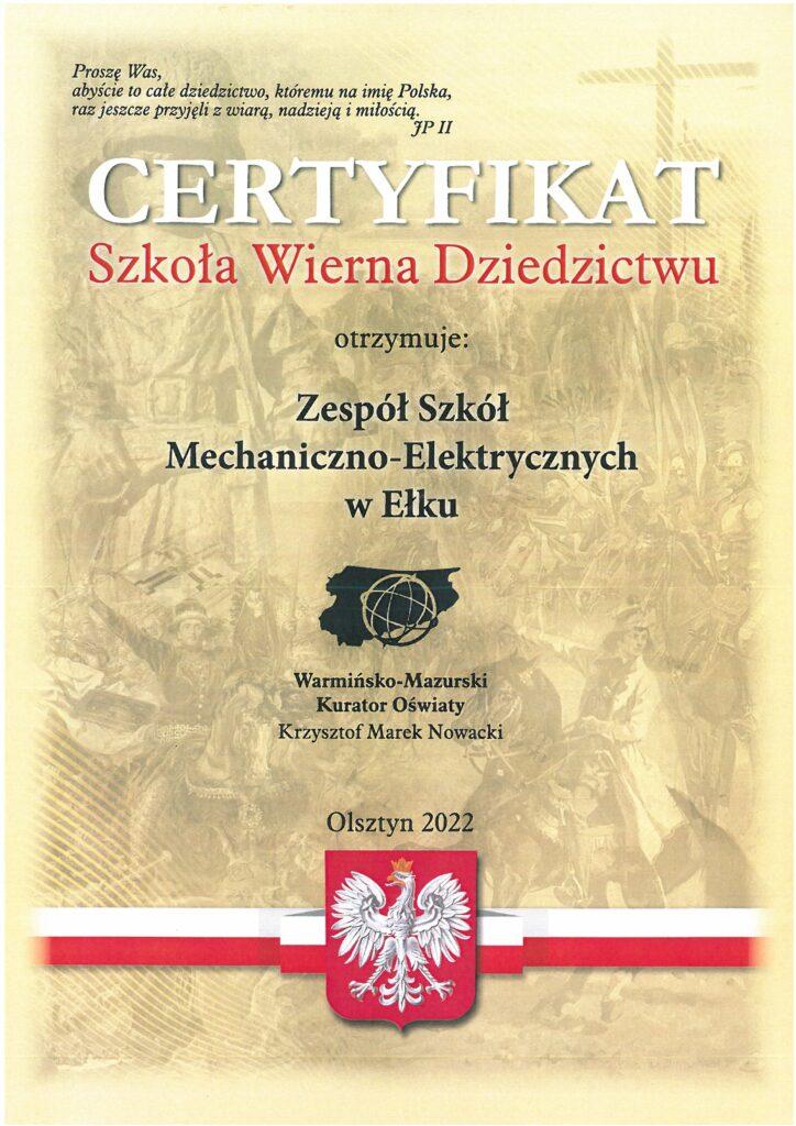Certyfikat „Szkoła Wierna Dziedzictwu”