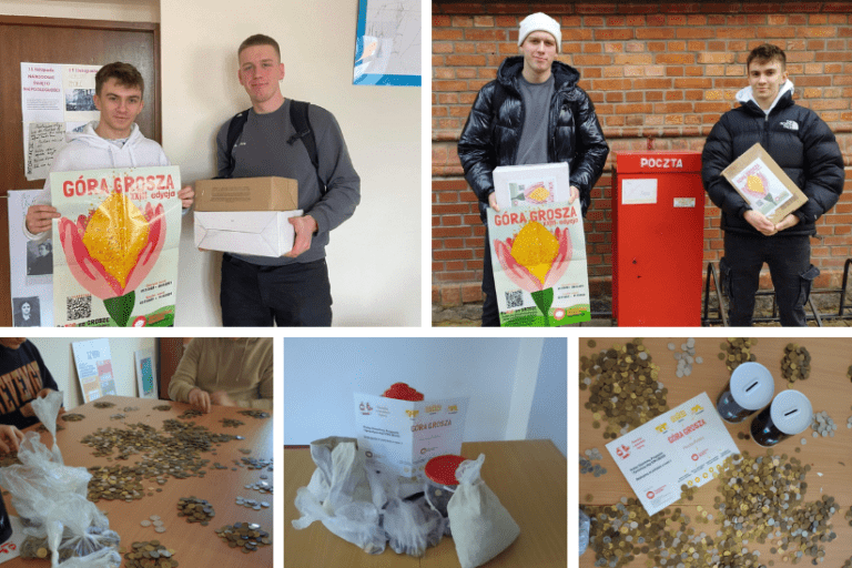 Przedstawiciele Samorządu Uczniowskiego podczas sortowania, liczenia i wysyłania monet