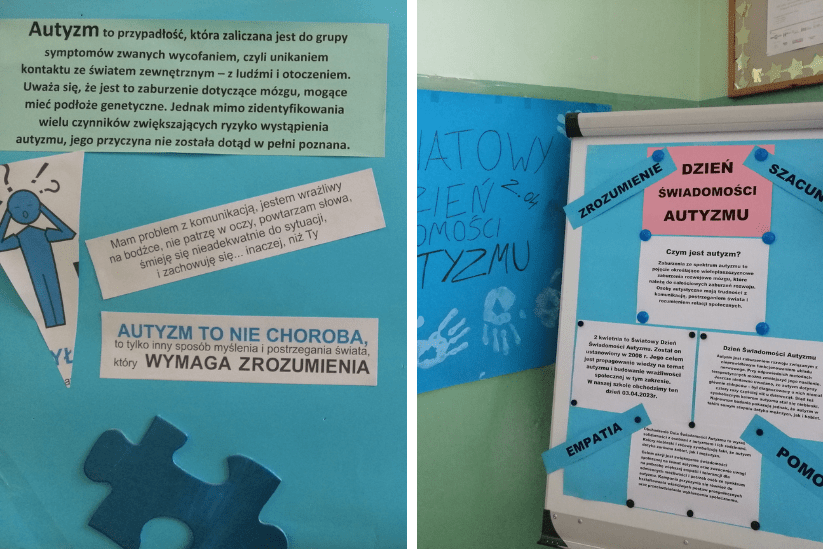 Z okazji Dnia Świadomości Autyzmu na korytarzach szkolnych pojawiły się elementy propagujące budowanie wrażliwości społecznej w tym zakresie.