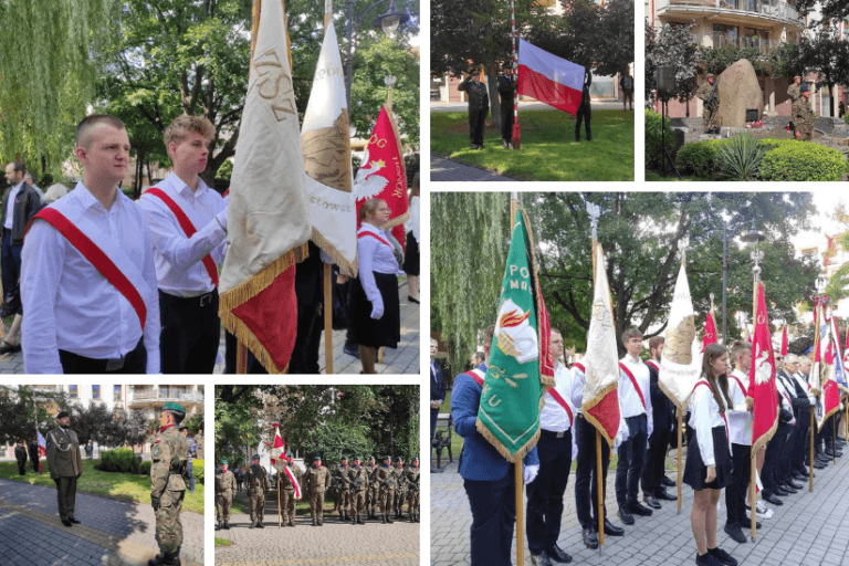 Poczet sztandarowy ZSM-E w Ełku podczas miejskich obchodów 84. rocznicy wybuchu II Wojny Światowej