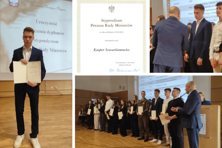 Kacper Sewastianowicz odbiera dyplom Stypendium Prezesa Rady Ministrów za rok szkolny 2022/2023