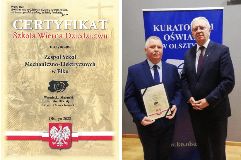 Dyektor ZSM-E w Ełku Andrzej Gerus odebrał Certyfikat Szkoła Wierna Dziedzictwu